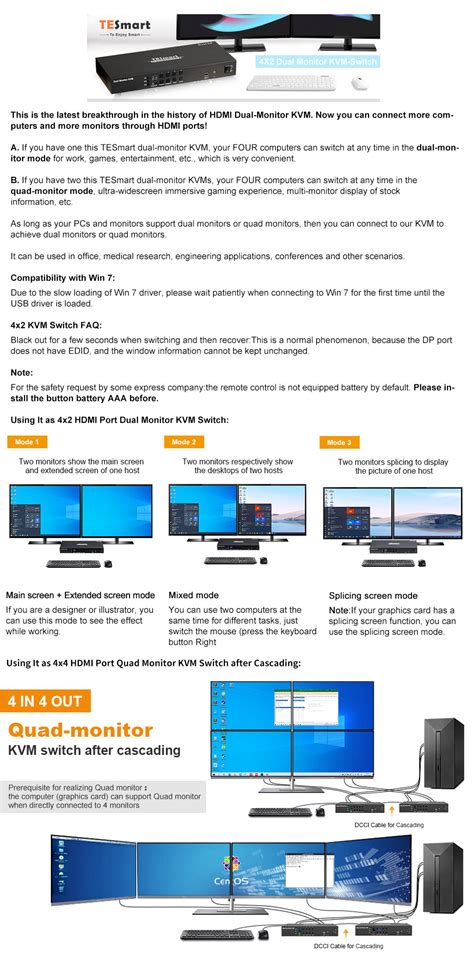 TESmart HDMI Dual Monitor KVM Switch 4 HDMI PCs + 2 HDMI Monitors Upda | TESmart