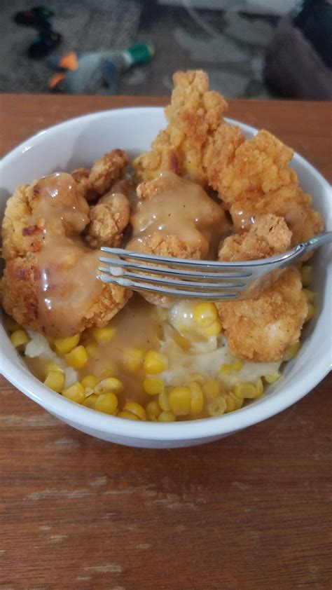 My Own Creation Mashed Potatoes Popcorn Chicken Corn And Gravy Rfoodporn