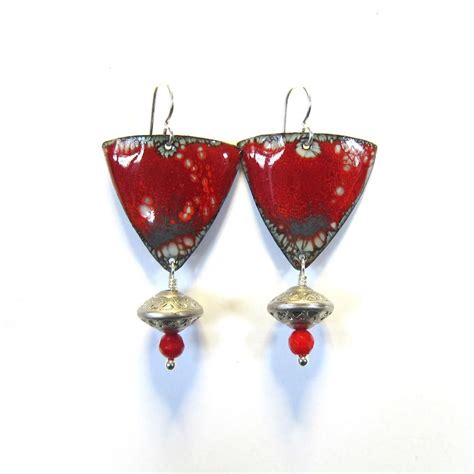 Red And Silver Enamel Dangle Earrings Enameling Jewelry Metalwork