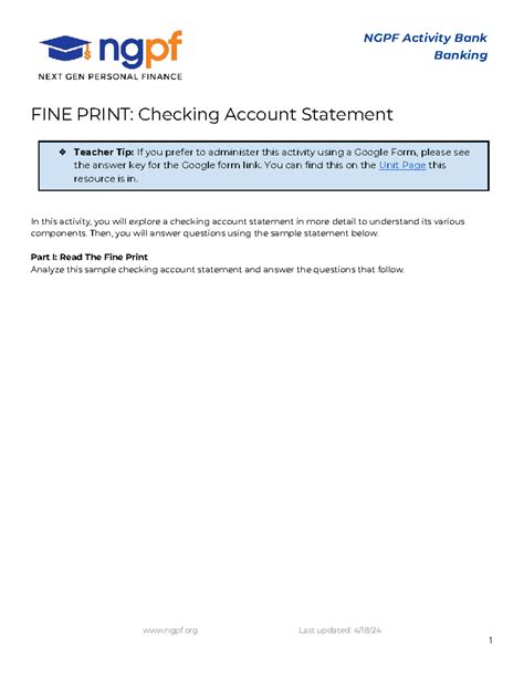 Fine Print Checking Account Statement Answer Key