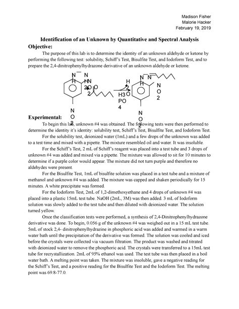 Orgo 2 Lab 3 Lab Report For Aldehydes And Ketones Identification Of