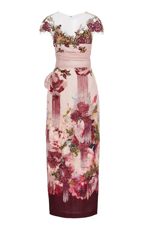 Embellished Floral Print Silk Dress By Marchesa For Preorder On Moda