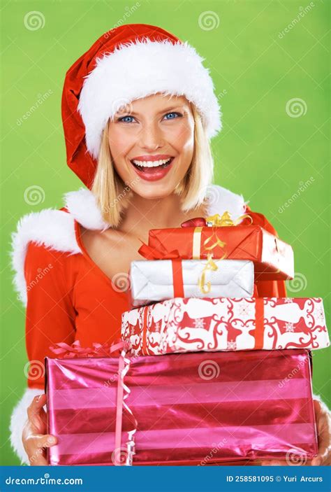 Christmas Is My Favourite Holiday Cheerful Blonde Woman Smiling And Holding Wrapped Gifts In