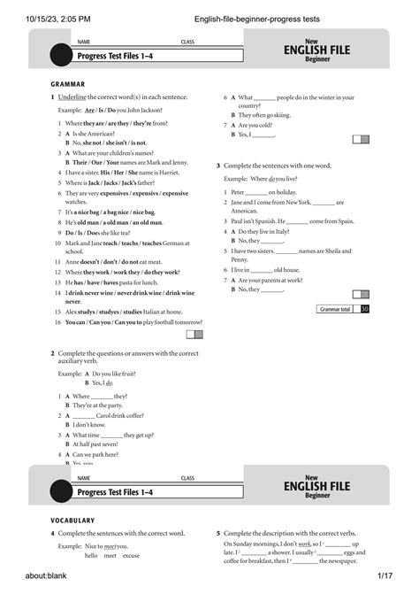 Solution English File Beginner Progress Tests Studypool