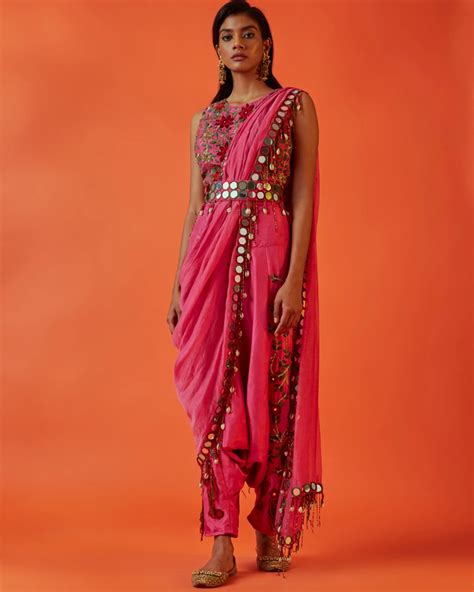 Pink Embroidered Dhoti Sari With Belt Sonam Luthria Dhoti Saree