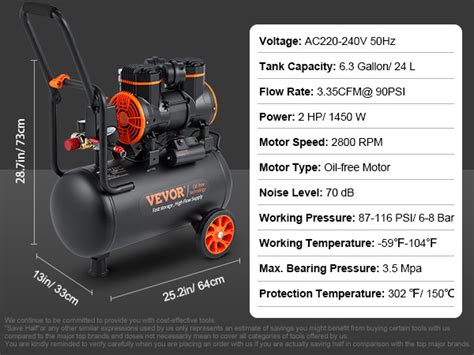 VEVOR Compressore d Aria 24L Portatile Senza Olio Motore 1450W Velocità