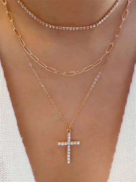 Collier Moins De Euros Multirangs Croix Strass Dor