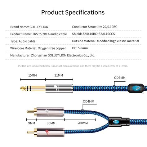 Golley Lion สายสัญญาณเสียง Trs 14นิ้ว635มม เป็น Rca ตัวผู้สาย Y