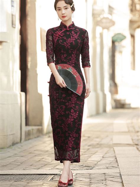 Mothers Red Floral Velvet Qipao Cheongsam Maxi Dress Cozyladywear