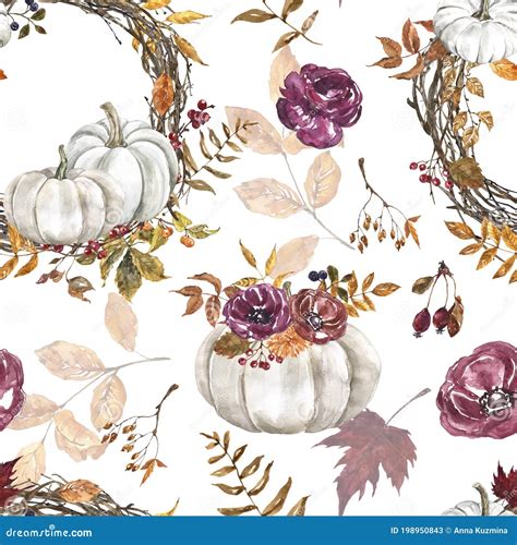 Watercolor Autumn Pumpkin Seamless Pattern Fall Print With Pumpkins