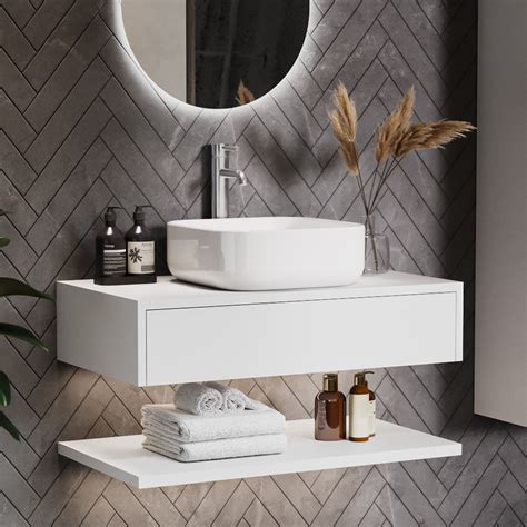 800mm White Wall Hung Countertop Vanity Unit With Square Basin And