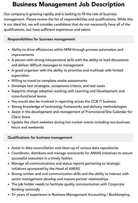 Business Management Job Description Velvet Jobs