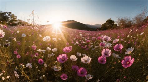 Fundo Campo De Flores Ao Pôr Do Sol Paisagem Montanhosa Fundo