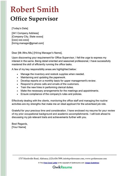 Cover Letter For Office Supervisor Position