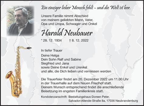 Traueranzeigen Von Harald Neubauer Trauer Nordkurier