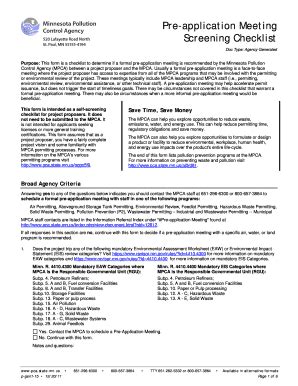 Fillable Online Pca State Mn Pre Application Meeting Screening