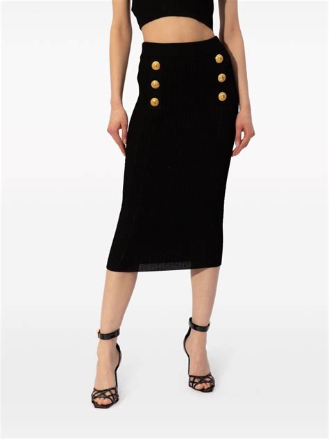 Balmain Decorative Buttons Ribbed Pencil Skirt Black Farfetch