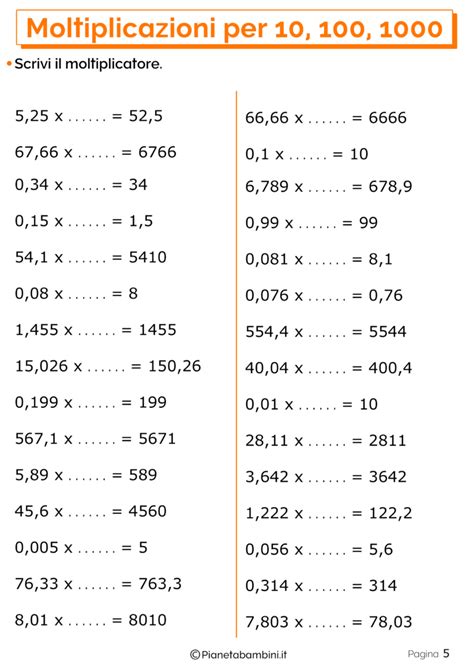 Moltiplicazioni Per 10 100 E 1000 Esercizi Per La Scuola Primaria