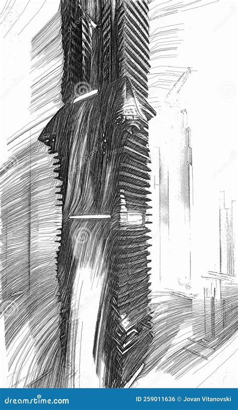 Drawings Sketch Of Futuristic City Skyscrapers Stock Illustration