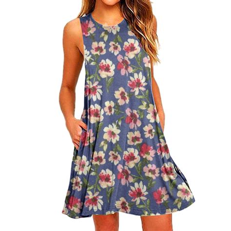 Casual Dresses For Women Beach Floral Tshirt Sundress Sleeveless Pockets Casual Loose Tank Dress