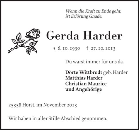 Traueranzeigen Von Gerda Harder Sh Z Trauer