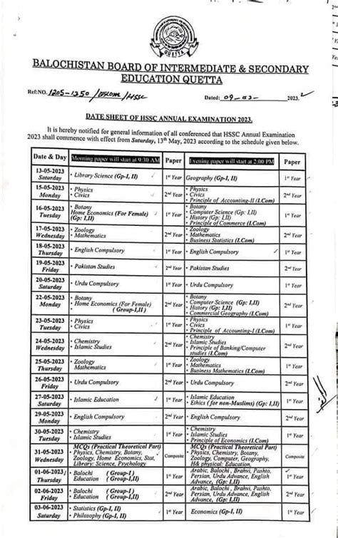 Bise Quetta Fa Fsc Hssc Date Sheet 2023 Annual Exam