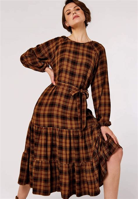 Apricot Textured Check Midi Robe De Jour Mustard Brown Marron