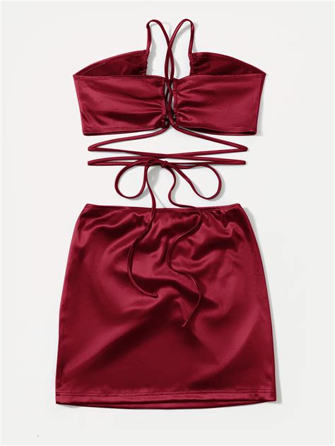 Shein Icon Crisscross Knot Satin Crop Top And Skirt Set Shein Usa