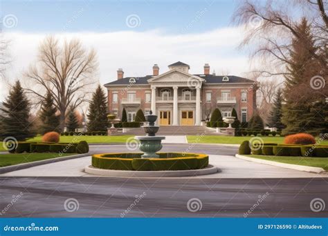 Mansion with Large Driveway and Fountain in Front Stock Photo - Image ...