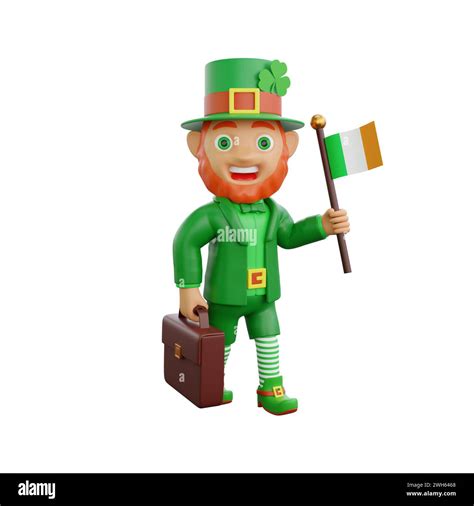 D Illustration Of A Cheerful Leprechaun Holding An Ireland Flag In One