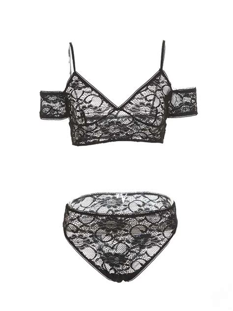 Hot Sexy Black Spaghetti Straps Breif Sets Women Summer Lace Floral