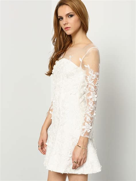 White Round Neck Sheer Mesh Lace Dress Sheinsheinside