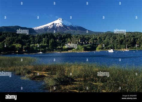 Lake Villarrica and Villarrica volcano from Pucon, Chile Stock Photo ...