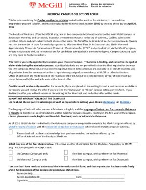 Fillable Online Medical Campus Selection Form Mcgill University Fax