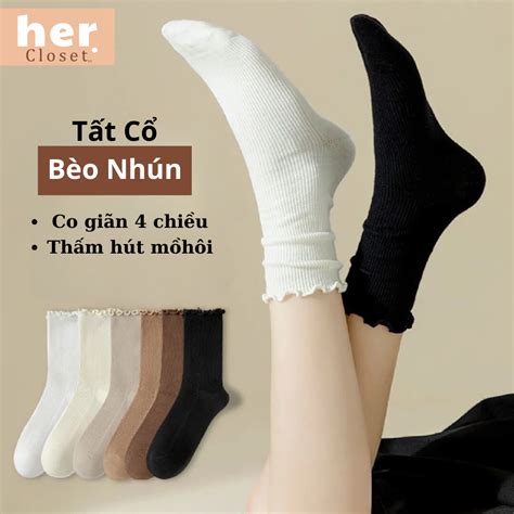 Set Tất Cổ Trung Nữ Bèo Nhún Màu Trắng Đen Vớ Bèo Nhún Nữ Cổ Cao Màu