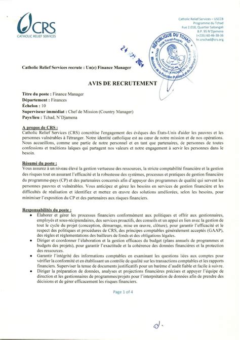 Catholic Relief Services Recrute Un Finance Manager Ndjamena Tchad