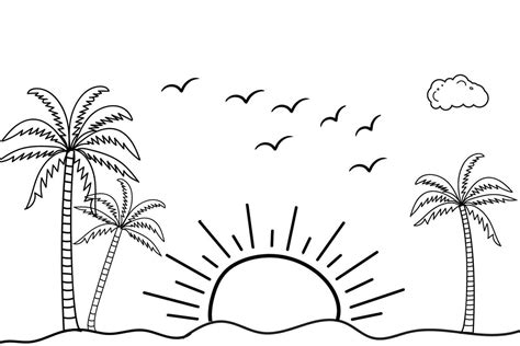 Summer Sunset Tropical Beach Line Art Vector Illustration Hand Drawn