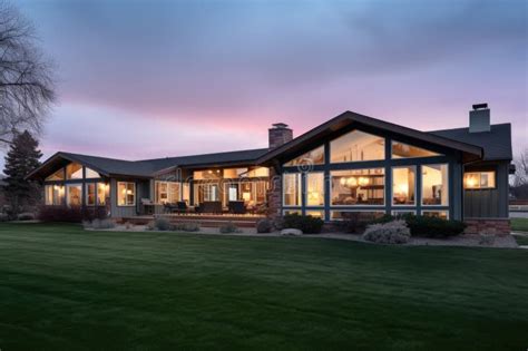 Modern Ranch Facade With Big Windows At Dusk Stock Illustration