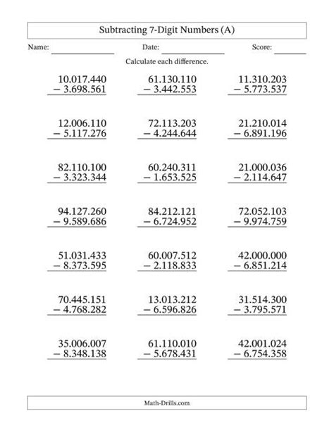 Subtracting 7 Digit Numbers With All Regrouping 21 Questions Worksheets Library