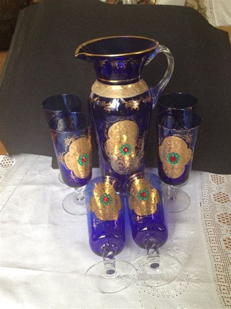 Vintage Czech Bohemian Cobalt Blue Enameled Gilded Gold And Jeweled Large Crystal Glass Pitcher