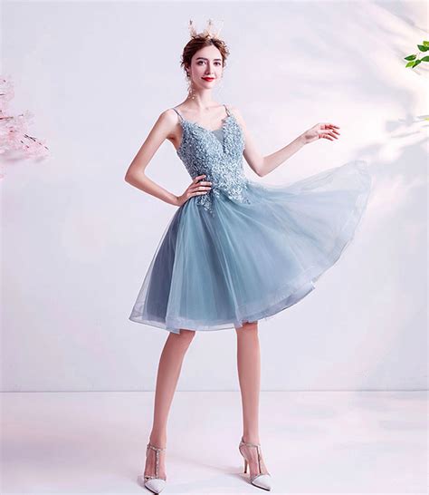 Blue V Neck Lace Short Prom Dress Homecoming Dress · Little Cute · Online Store Powered By Storenvy