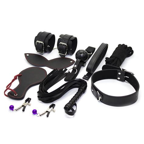 Bdsm Bondage Kit Hogtie Set Neck Collar Whip Mouth Gag Handcuffs Rope Blindfold Nipple Clamp