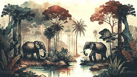 Watercolor Style Wallpaper Landscape on an African Tropical Jungle with ...