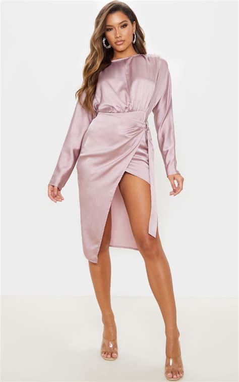 Mauve Satin Wrap Skirt Backless Midi Dress Prettylittlething