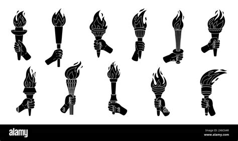 Hand Holding Torch Silhouette Icons Set Sport Symbol Torch Flame