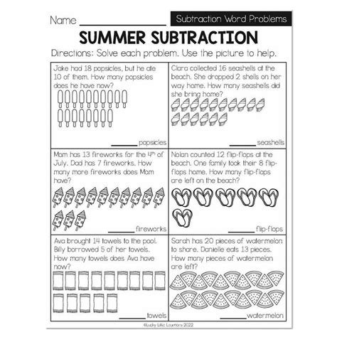 Summer Early Finishers 1st Grade Math Subtraction Word Problems Summer Subtraction