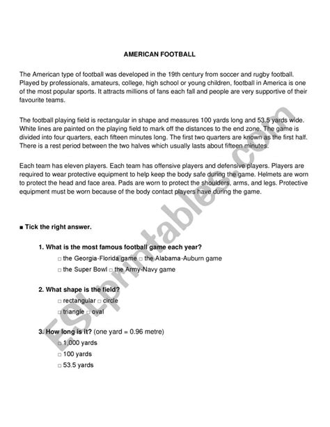 American Football ESL Worksheet By Wyattenette