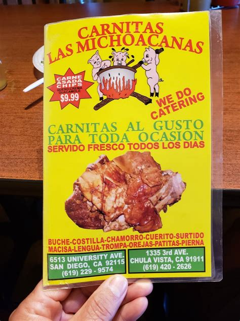 Menu At Carnitas Las Michoacanas Restaurant Chula Vista Third Ave