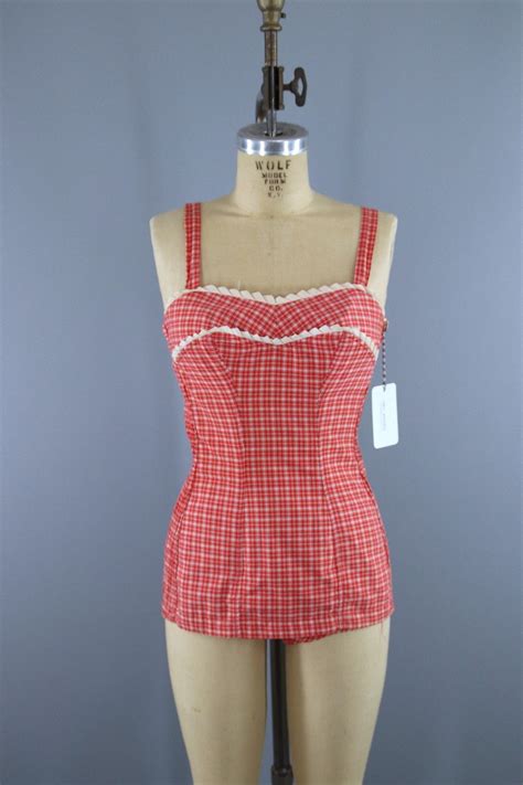 Vintage 1950s Jantzen Swimsuit Red Orange Plaid Gingham