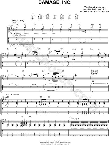 Metallica Damage Inc Guitar Tab In E Minor Download And Print Sku Mn0076361